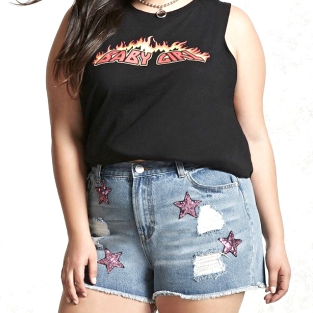 Forever 21 Plus Size Shorts Pink Stars Denim GUC